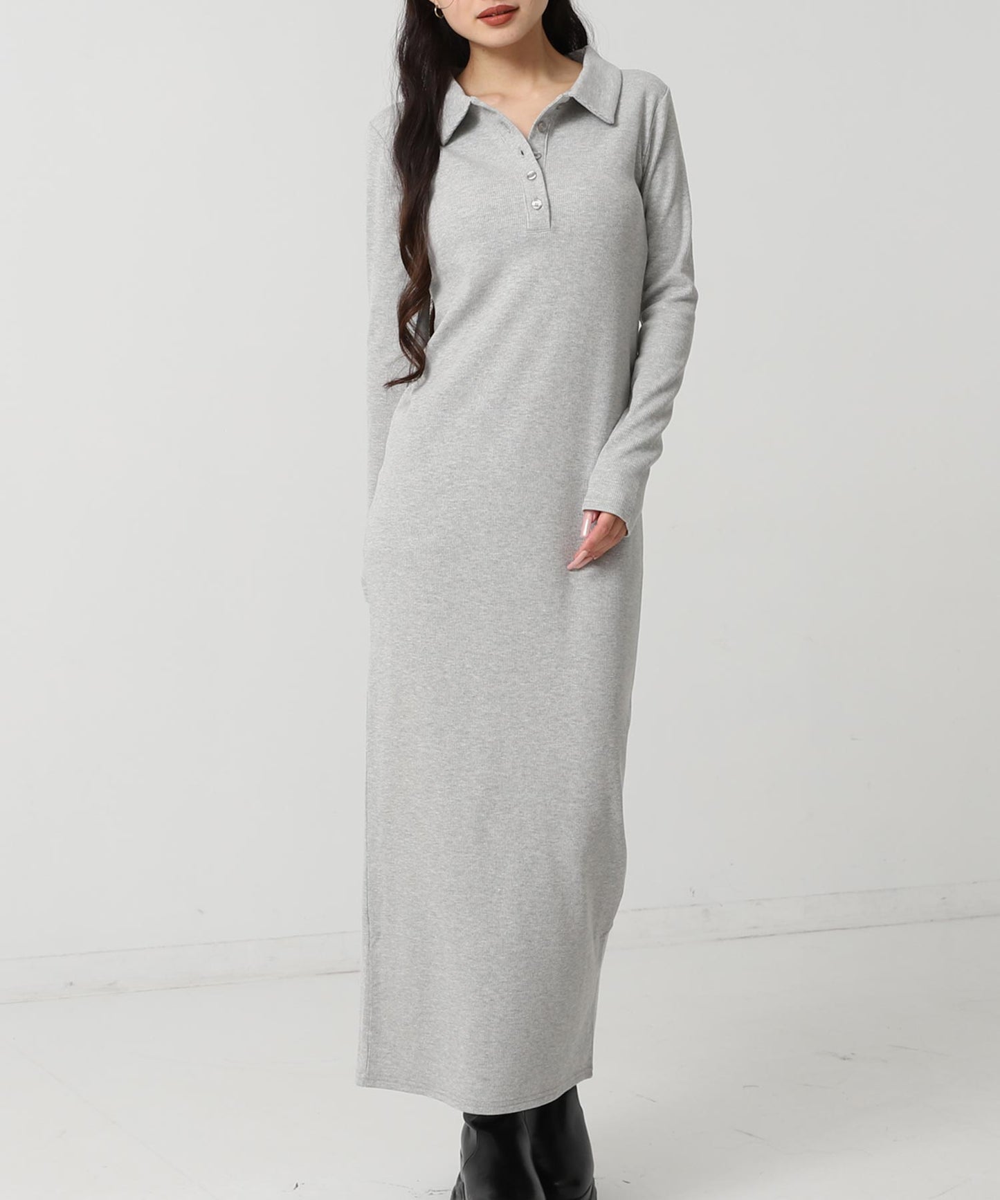 ポロ襟 リブ ロング ワンピース 797-9389