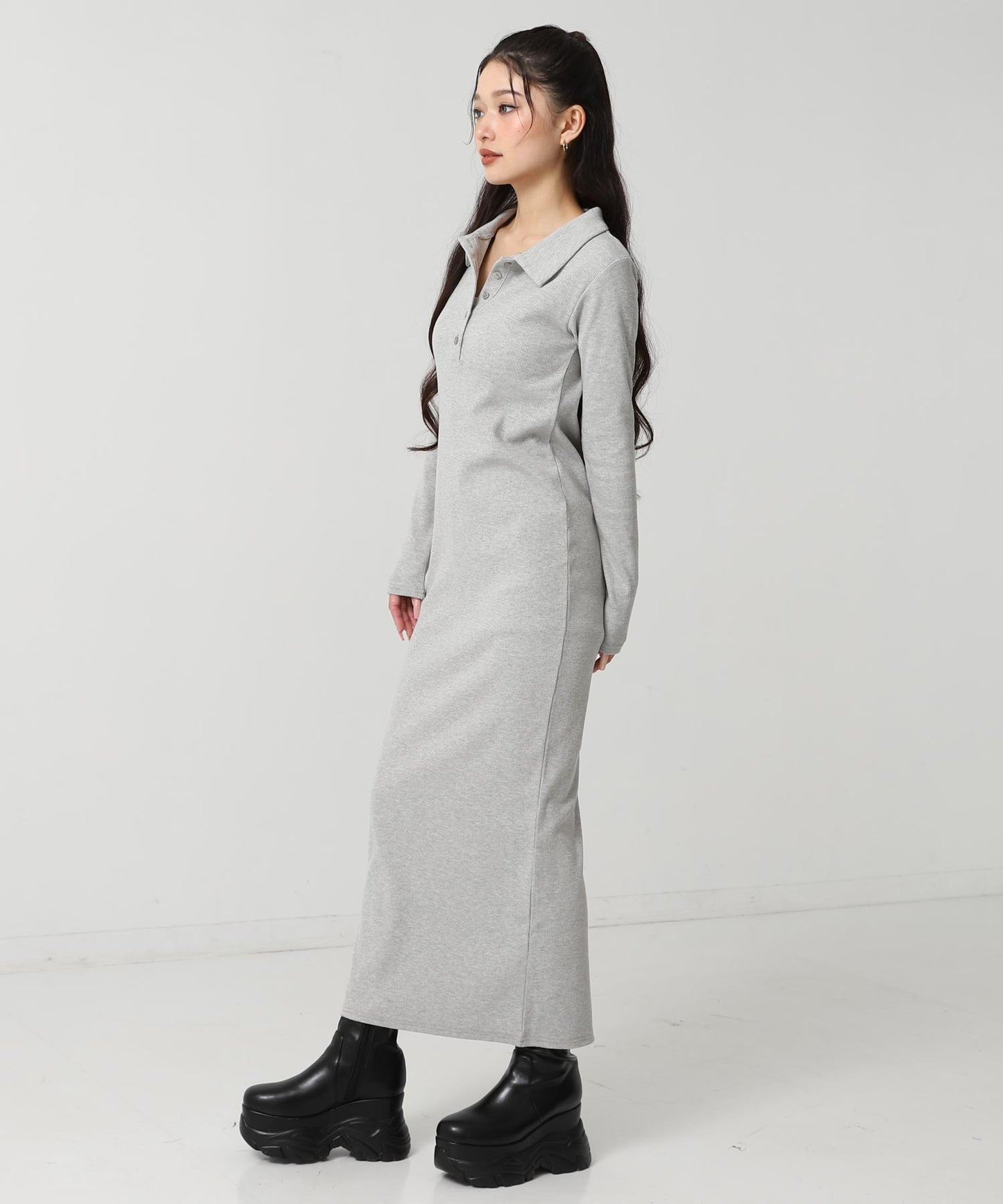 ポロ襟 リブ ロング ワンピース 797-9389