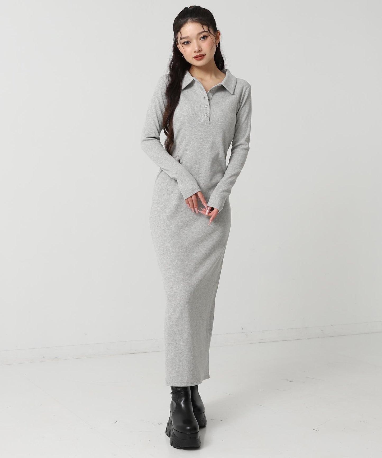 ポロ襟 リブ ロング ワンピース 797-9389