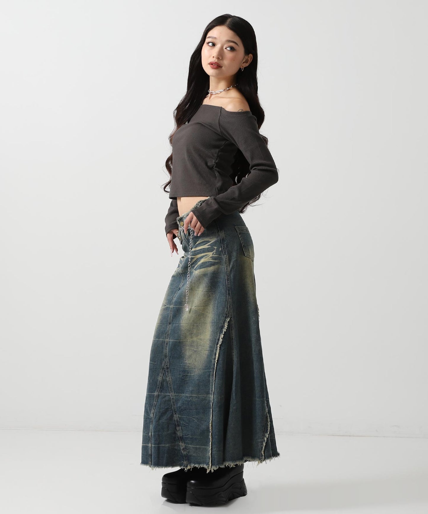 フリンジ デザイン スタッズ デニム ロング スカート 151-5967