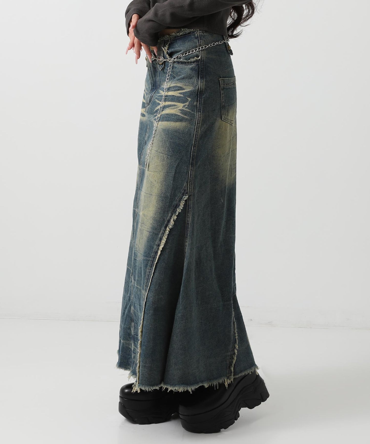 フリンジ デザイン スタッズ デニム ロング スカート 151-5967