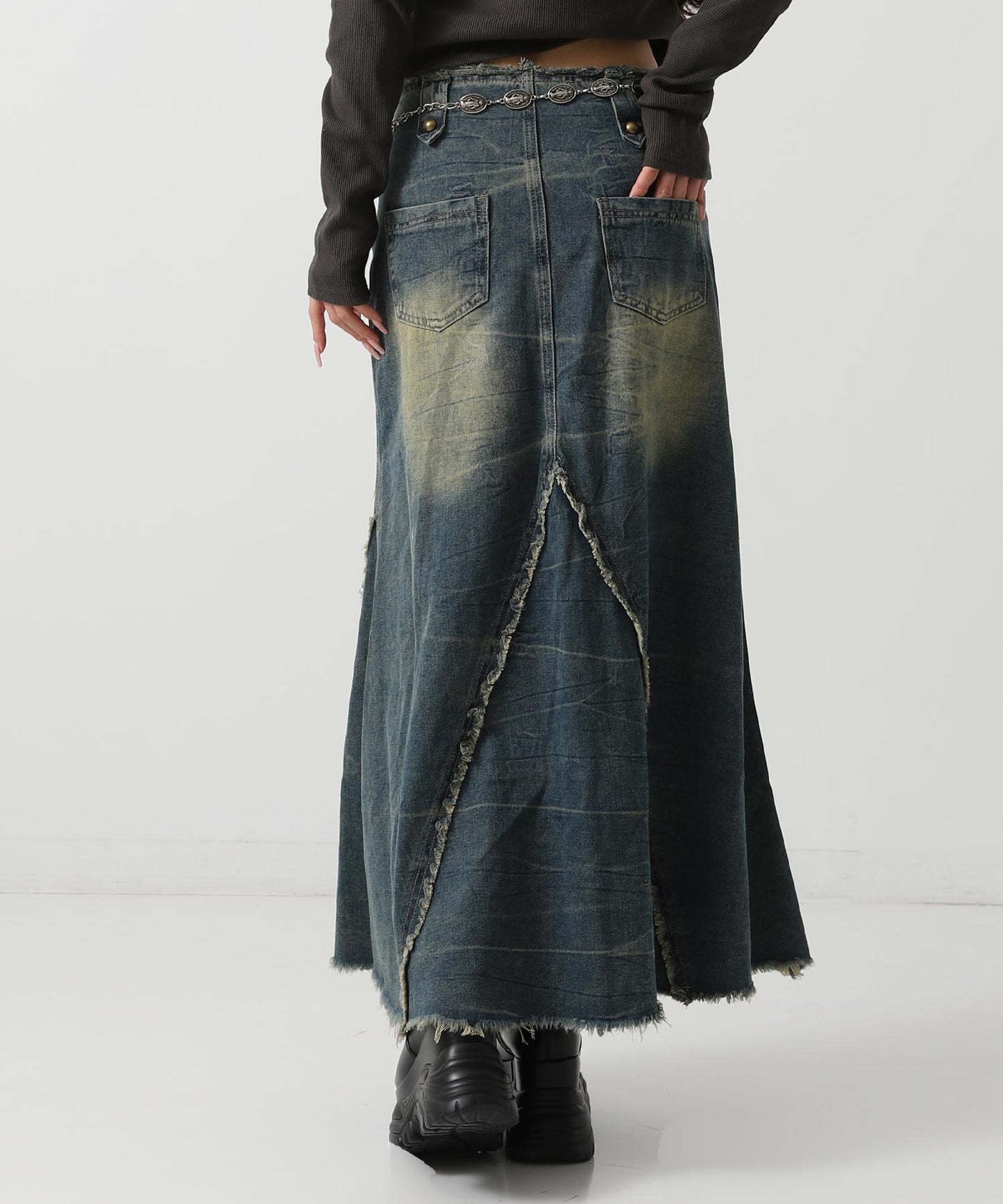 フリンジ デザイン スタッズ デニム ロング スカート 151-5967