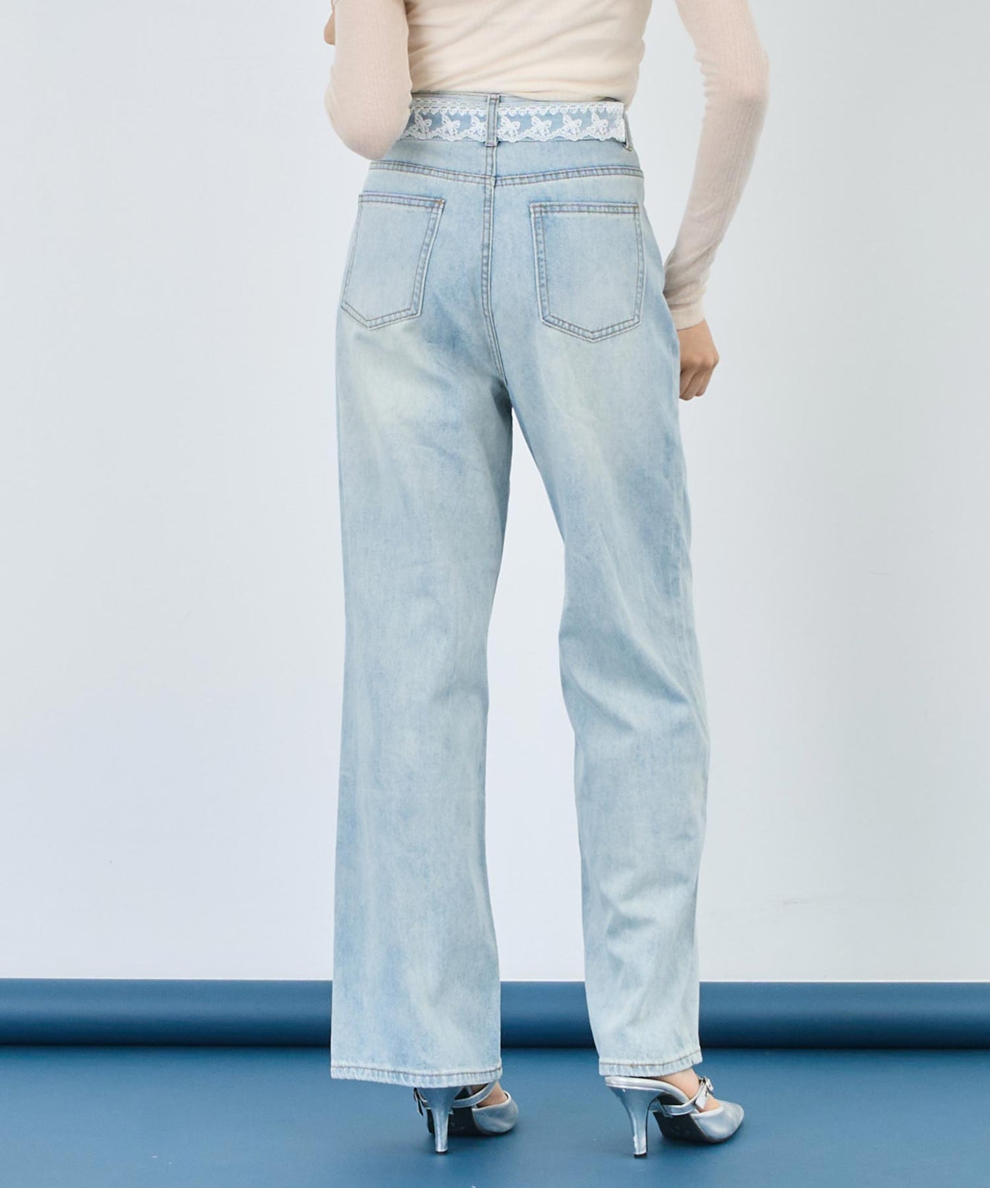 リボンチャーム付き レース ベルト ワイド デニム パンツ 152-5727