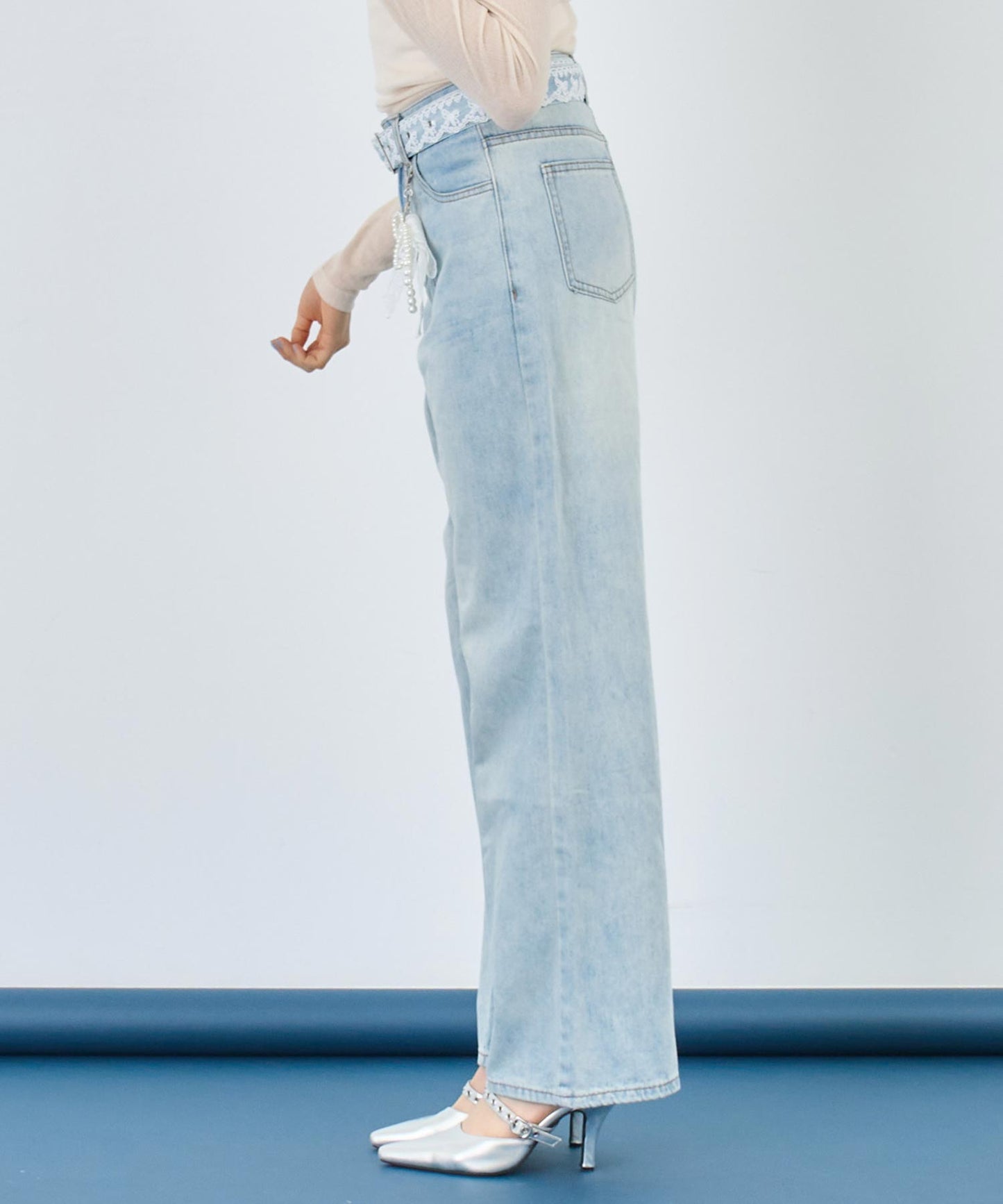 リボンチャーム付き レース ベルト ワイド デニム パンツ 152-5727