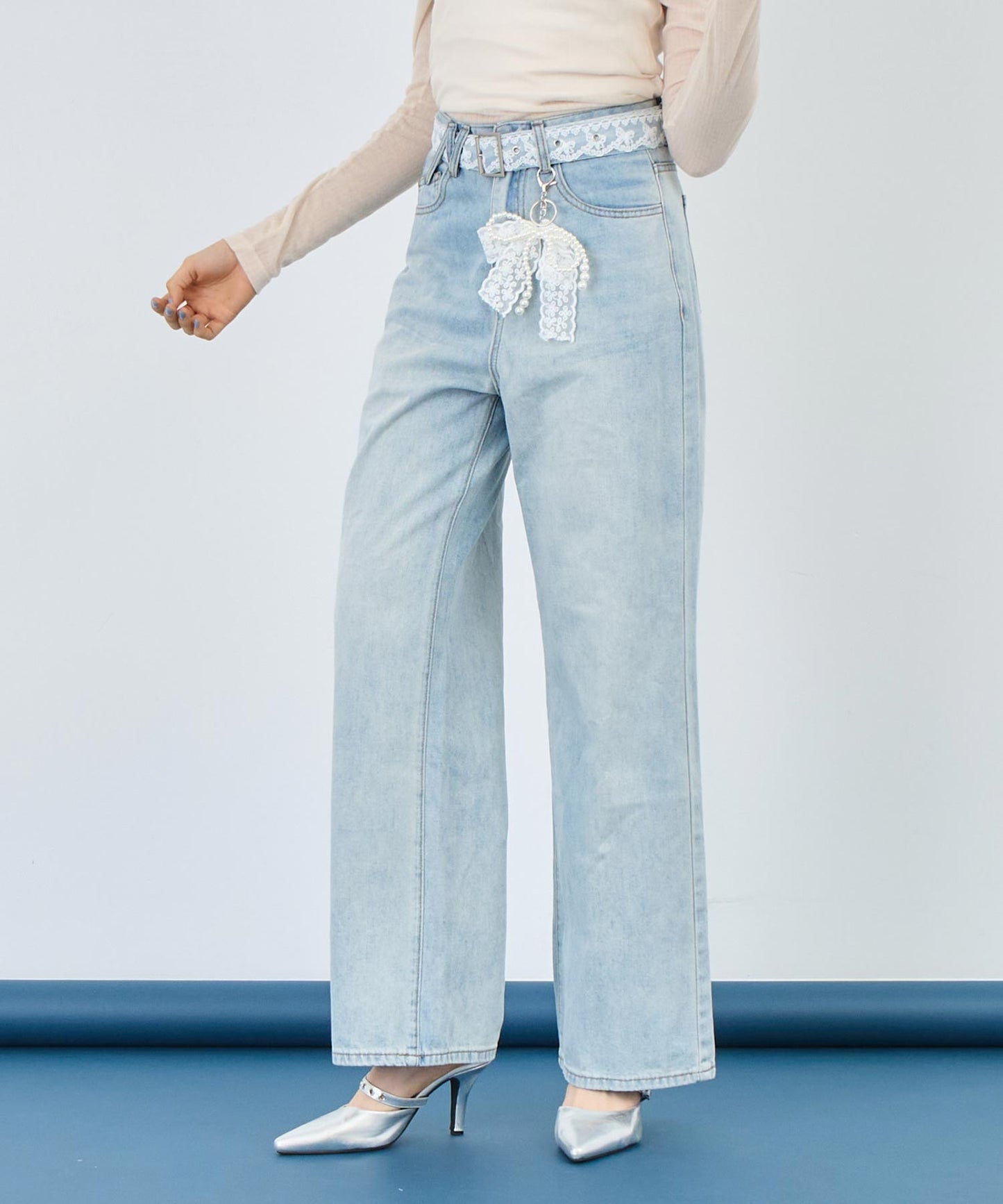 リボンチャーム付き レース ベルト ワイド デニム パンツ 152-5727