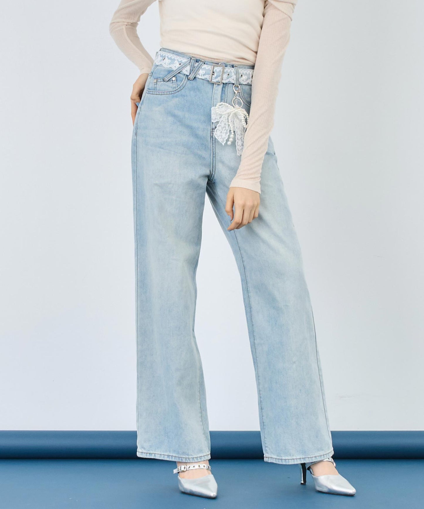 リボンチャーム付き レース ベルト ワイド デニム パンツ 152-5727