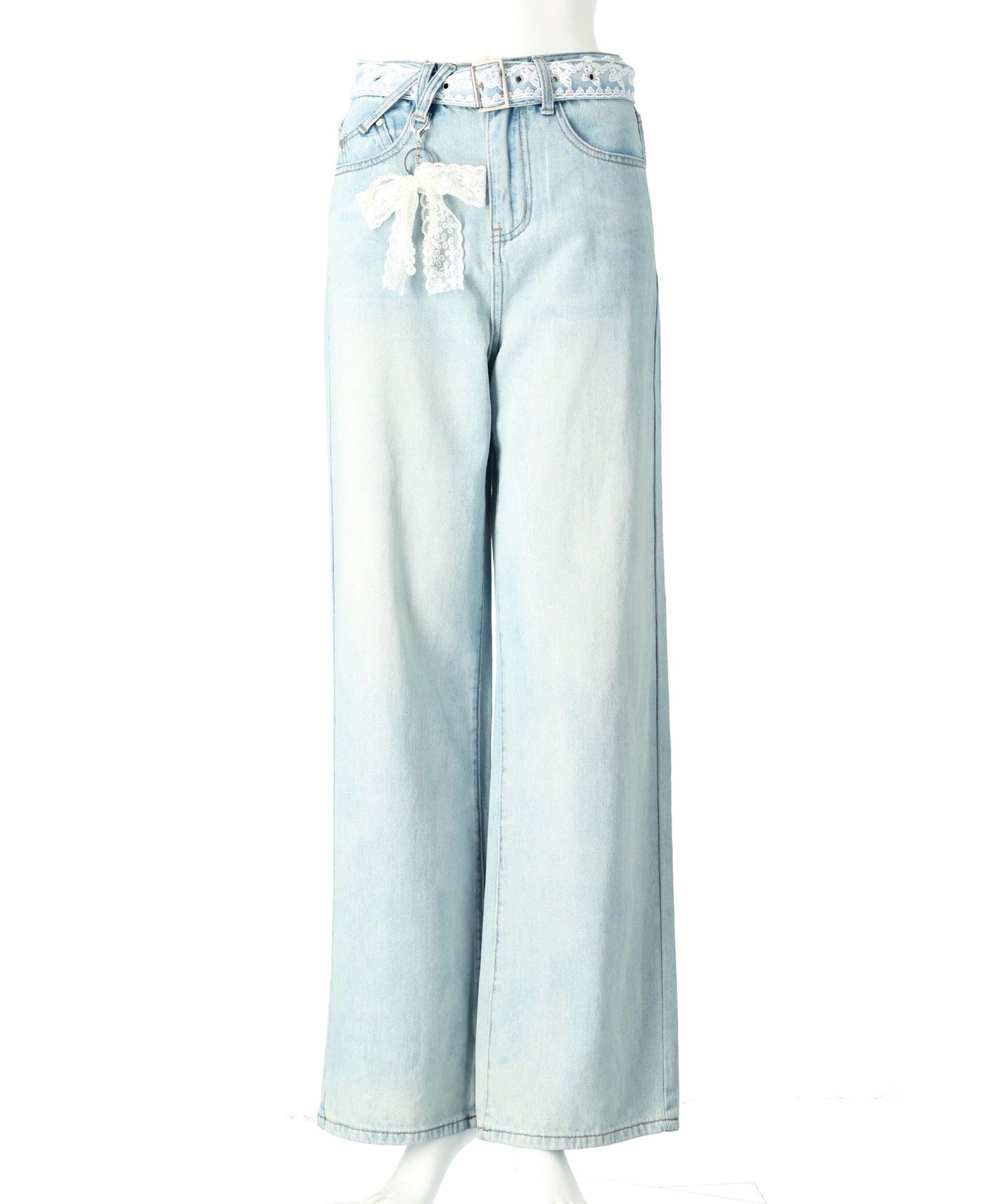 リボンチャーム付き レース ベルト ワイド デニム パンツ 152-5727