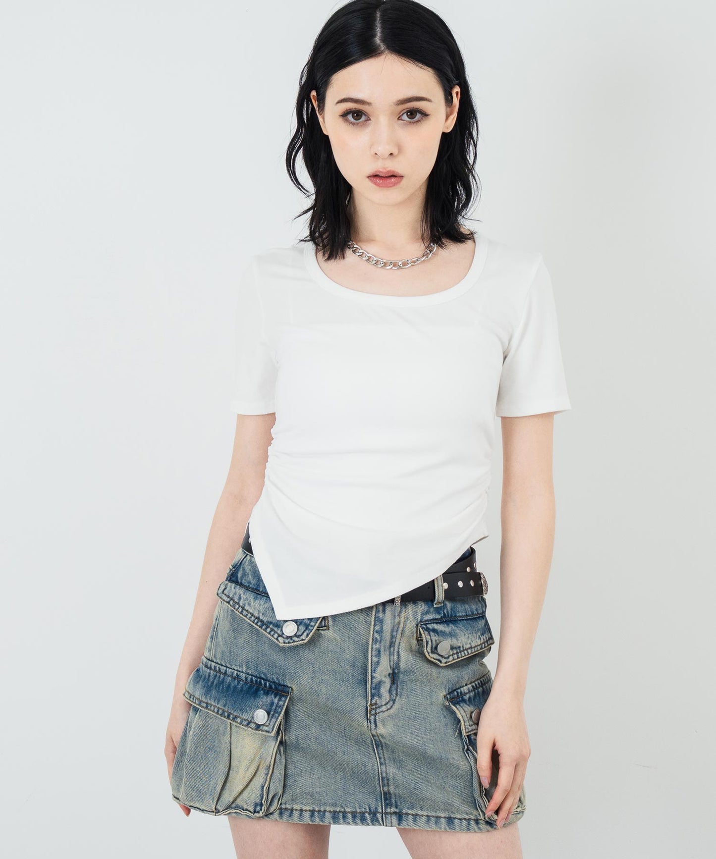 ウエスト ギャザー ラウンドネック Tシャツ 153-5705