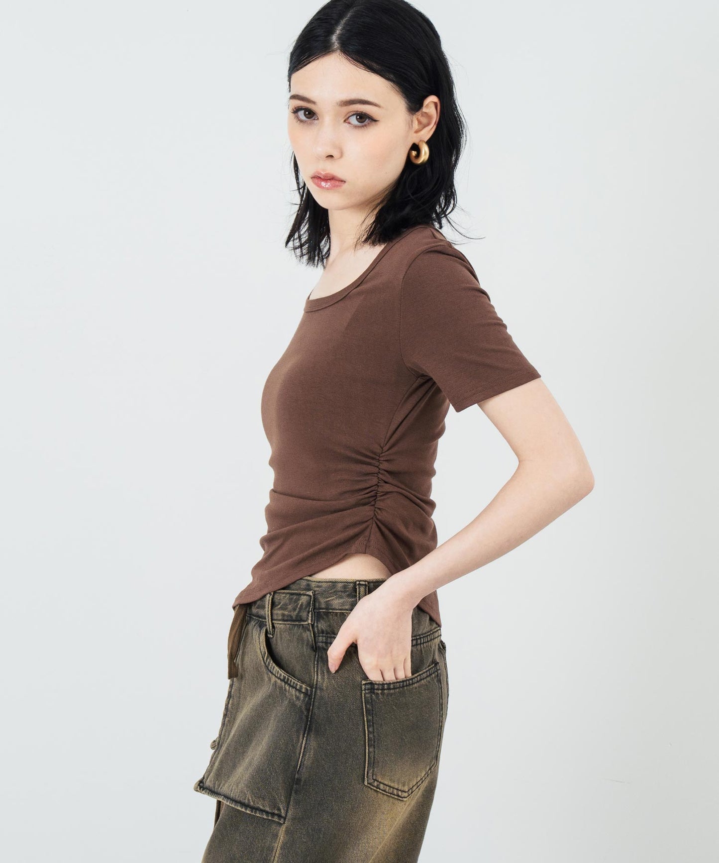 ウエスト ギャザー ラウンドネック Tシャツ 153-5705