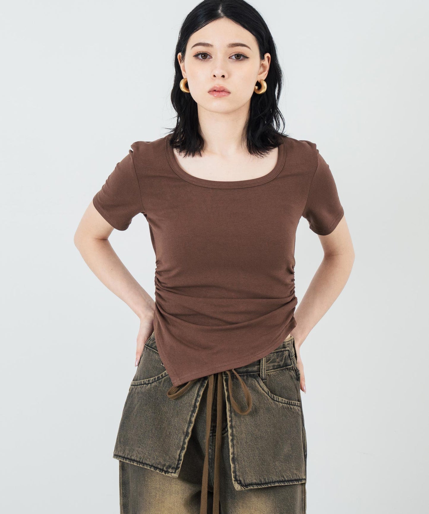 ウエスト ギャザー ラウンドネック Tシャツ 153-5705