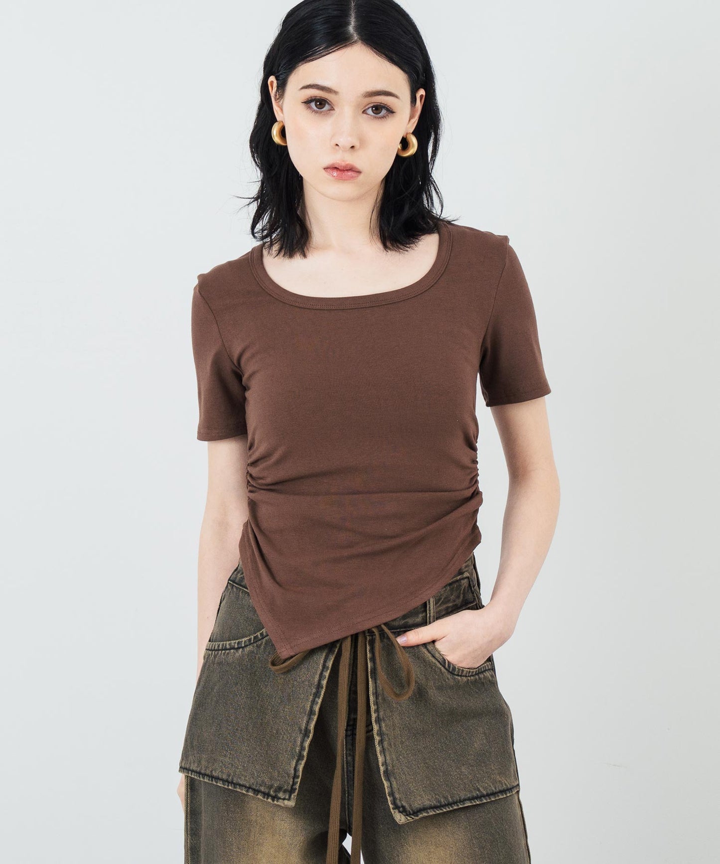 ウエスト ギャザー ラウンドネック Tシャツ 153-5705
