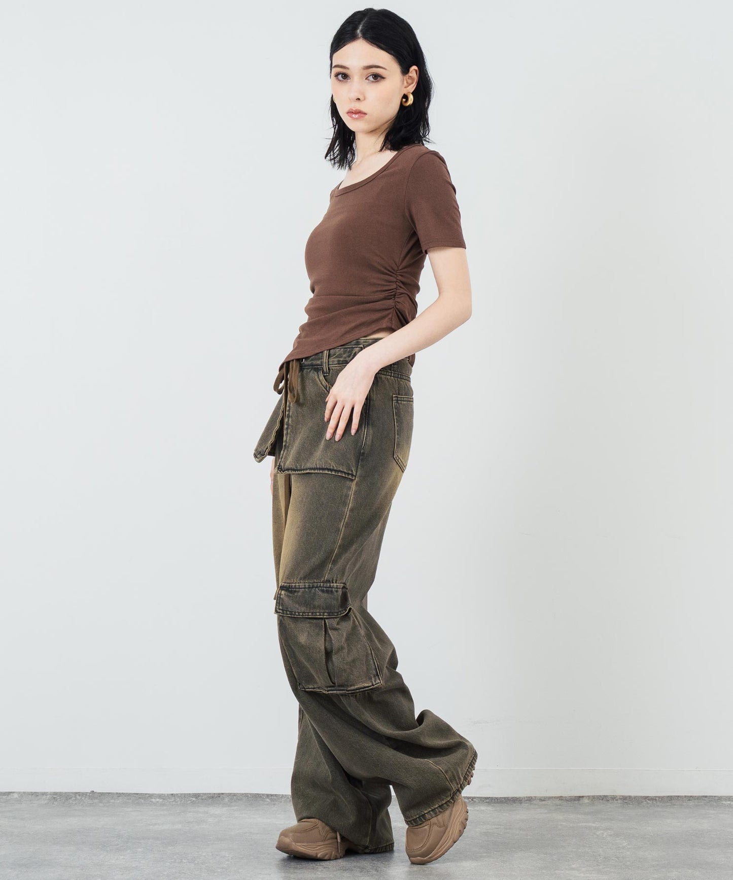 ウエスト ギャザー ラウンドネック Tシャツ 153-5705