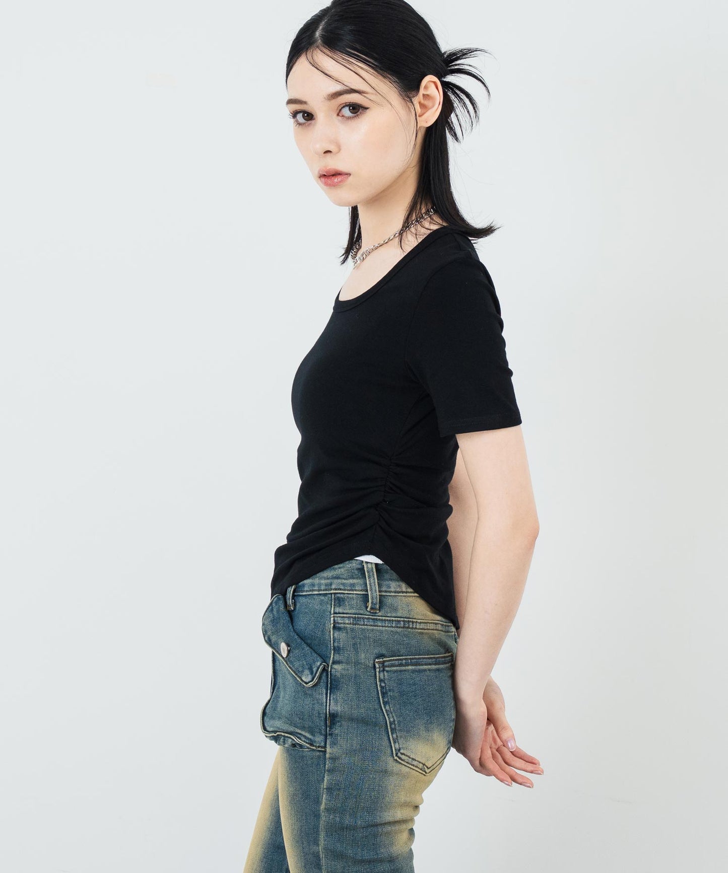 ウエスト ギャザー ラウンドネック Tシャツ 153-5705