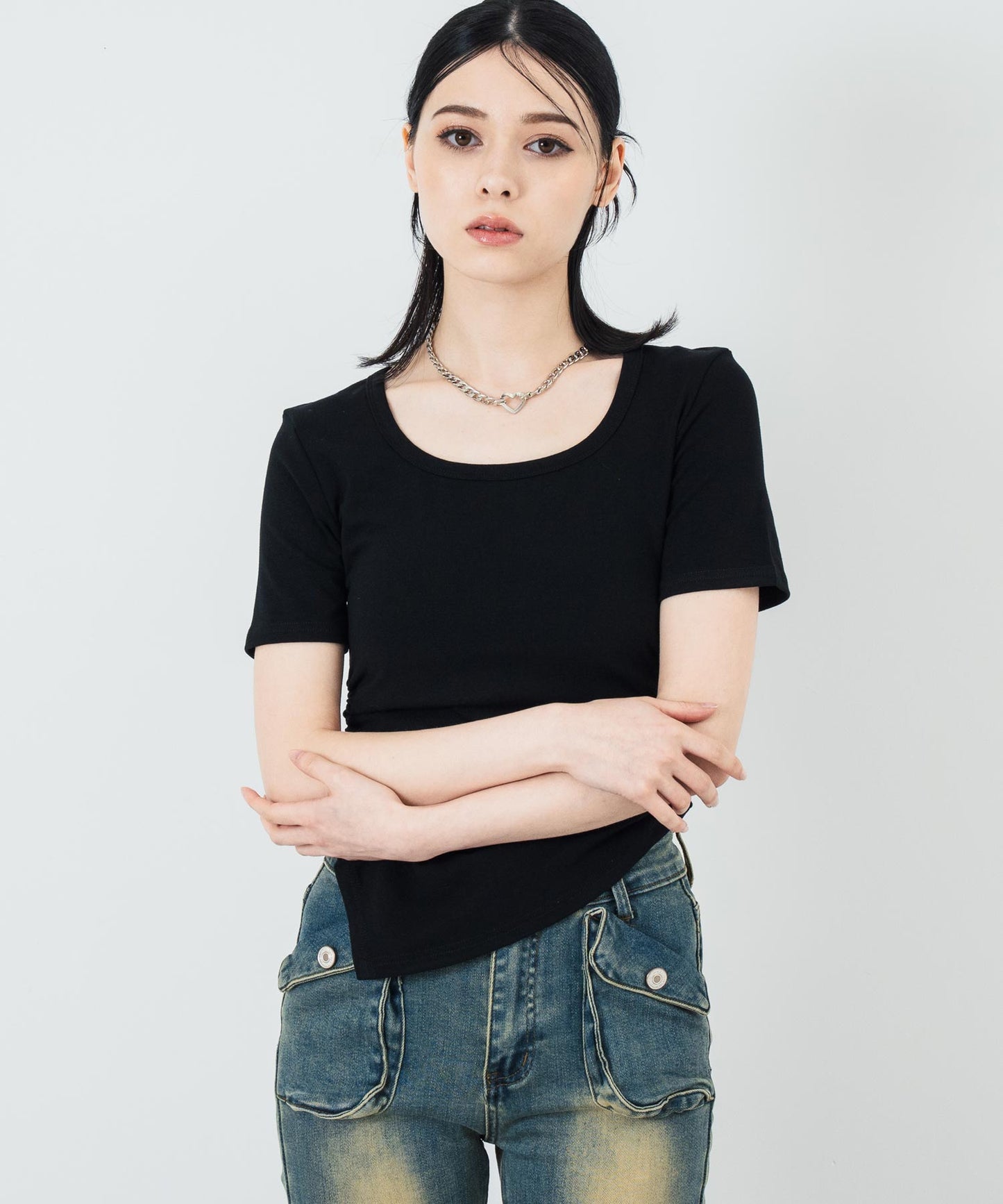 ウエスト ギャザー ラウンドネック Tシャツ 153-5705