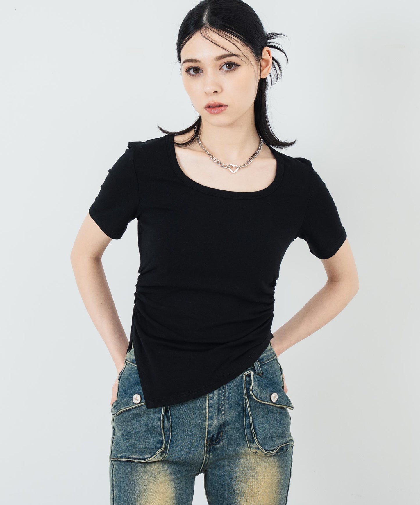ウエスト ギャザー ラウンドネック Tシャツ 153-5705
