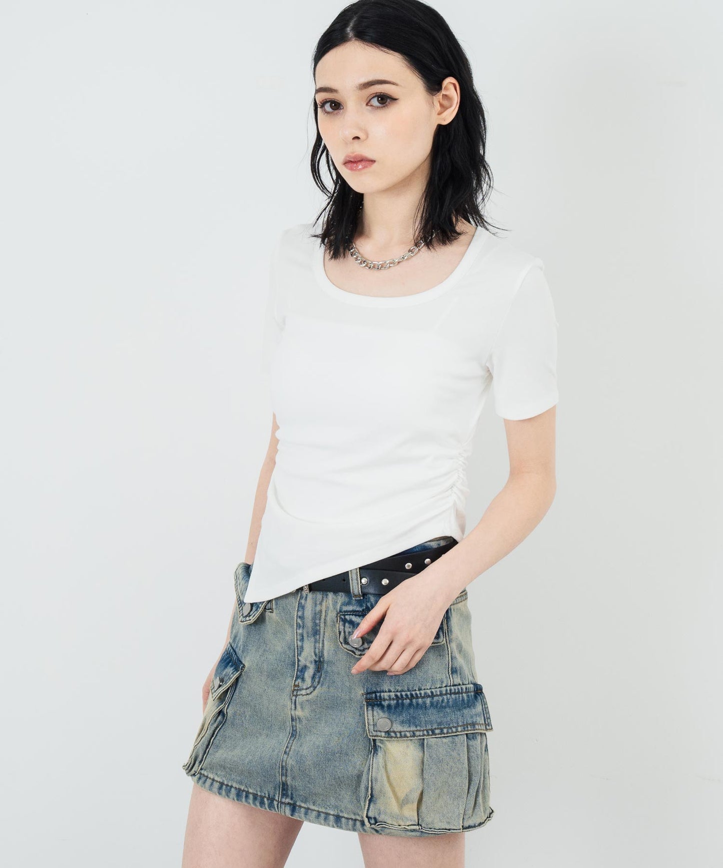 ウエスト ギャザー ラウンドネック Tシャツ 153-5705
