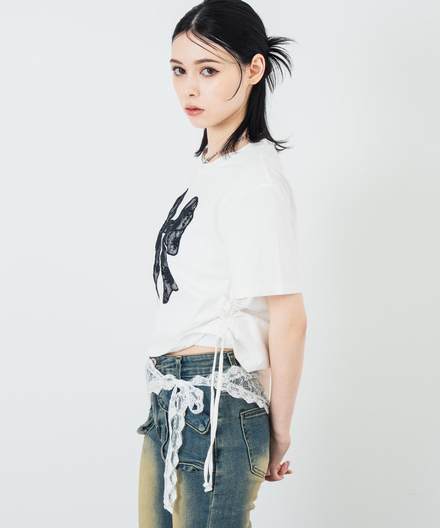 レース リボン ピグメント サイド シャーリング Tシャツ 153-5736