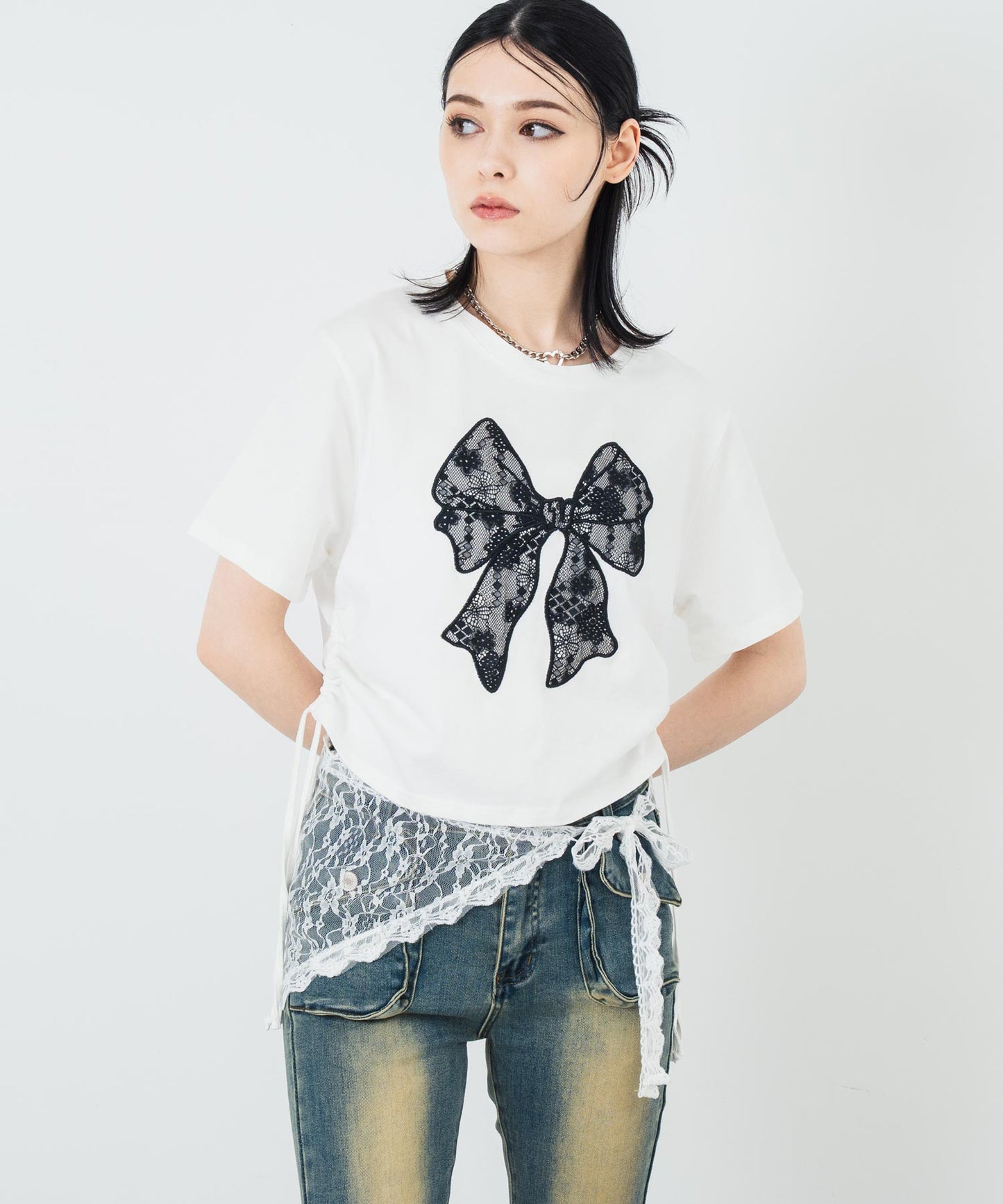 レース リボン ピグメント サイド シャーリング Tシャツ 153-5736