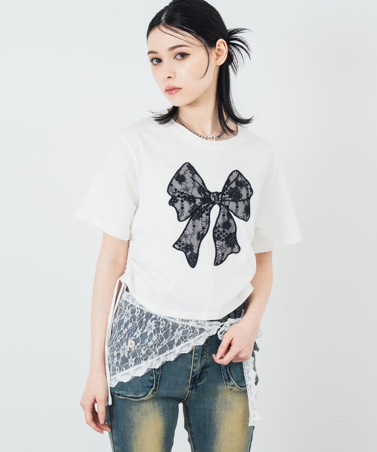 レース リボン ピグメント サイド シャーリング Tシャツ 153-5736