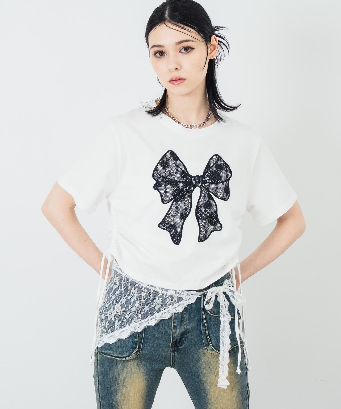 レース リボン ピグメント サイド シャーリング Tシャツ 153-5736