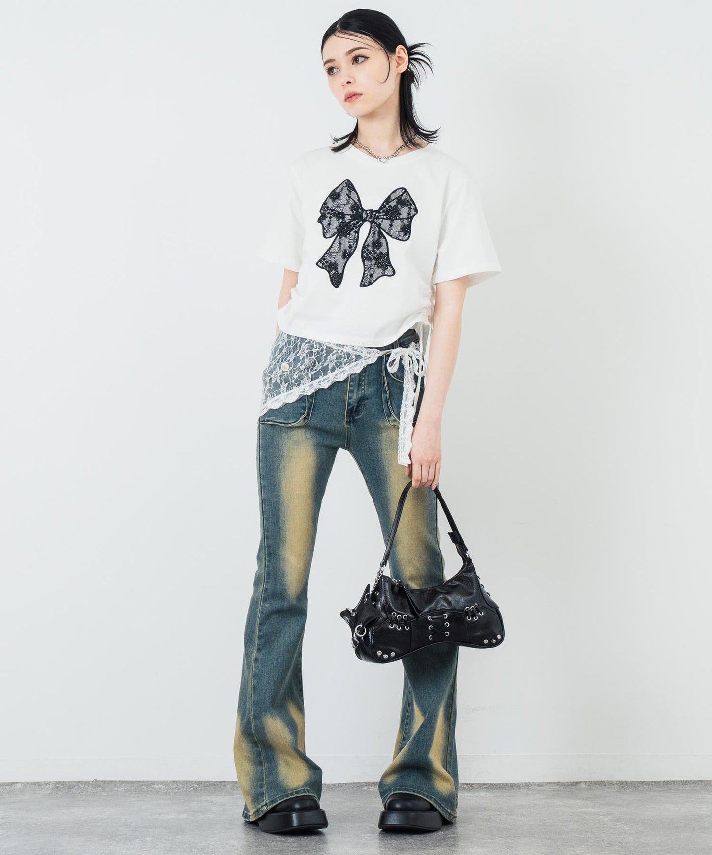 レース リボン ピグメント サイド シャーリング Tシャツ 153-5736