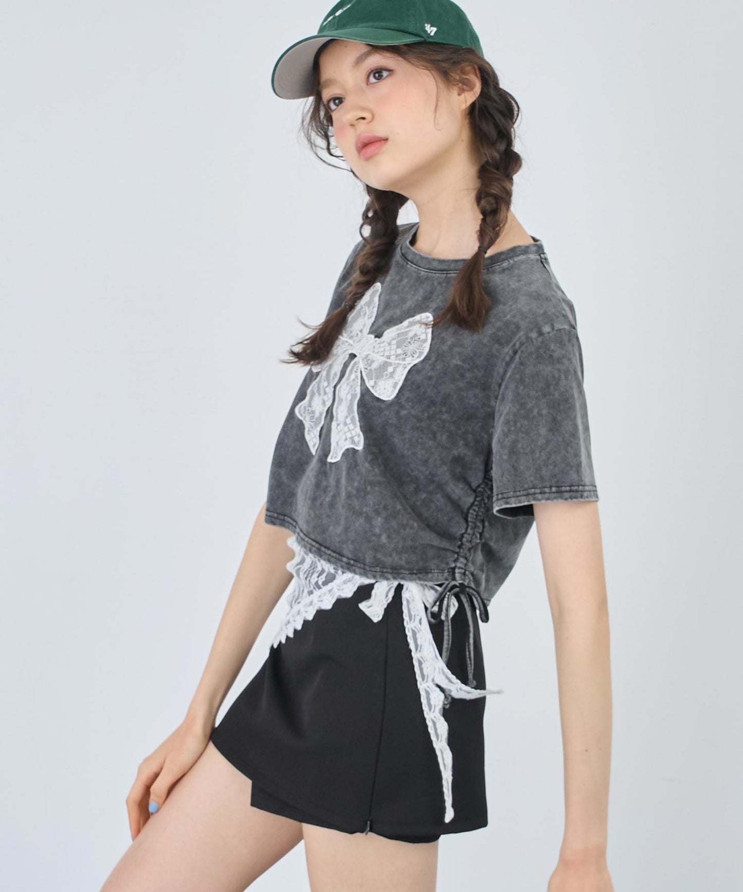 レース リボン ピグメント サイド シャーリング Tシャツ 153-5736