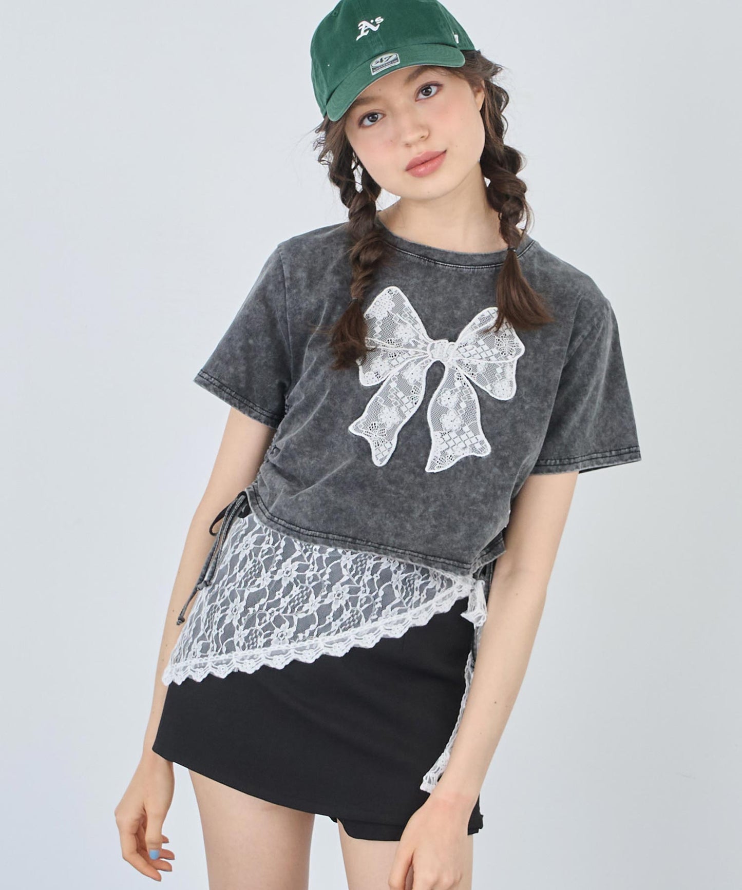 レース リボン ピグメント サイド シャーリング Tシャツ 153-5736