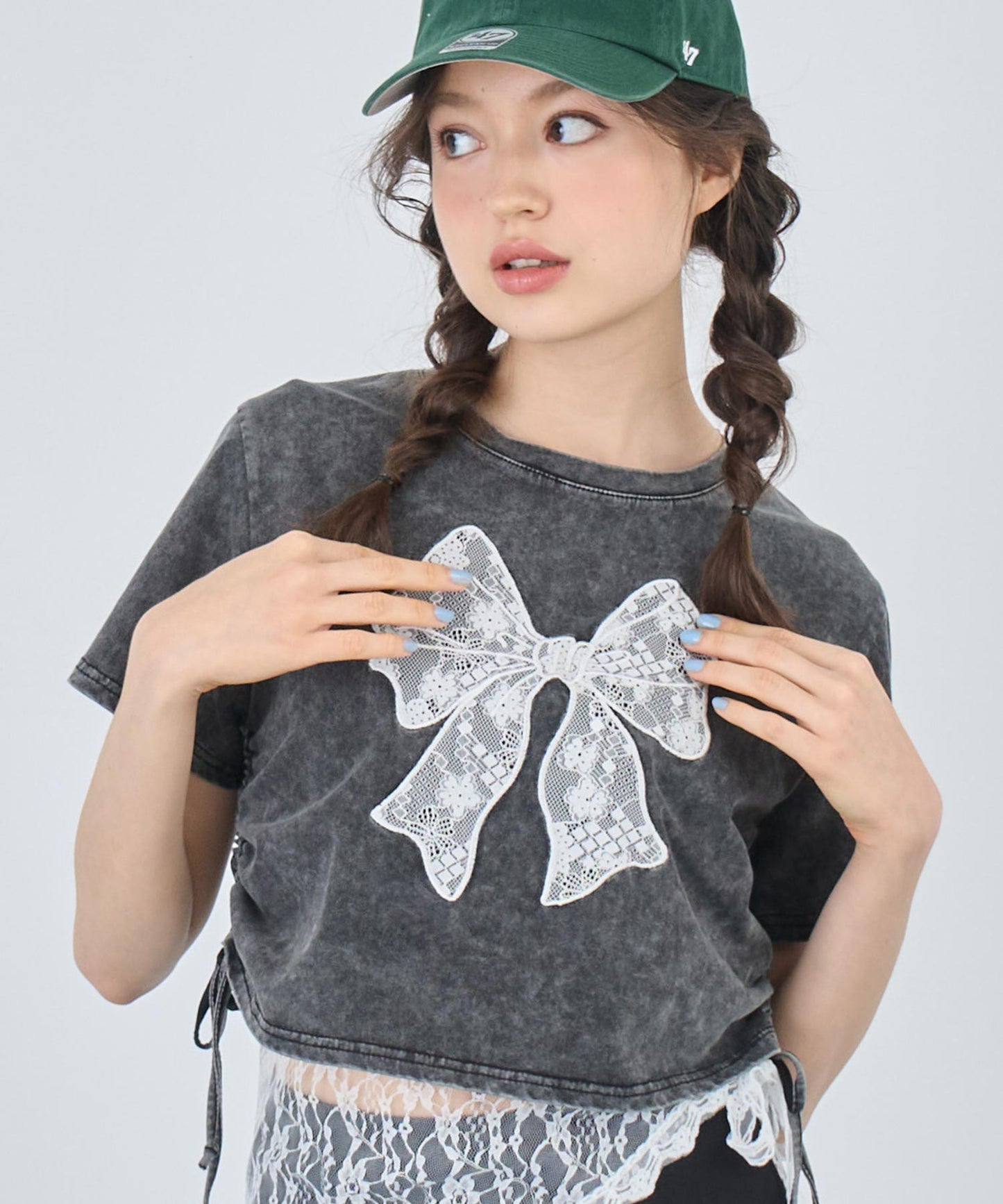 レース リボン ピグメント サイド シャーリング Tシャツ 153-5736