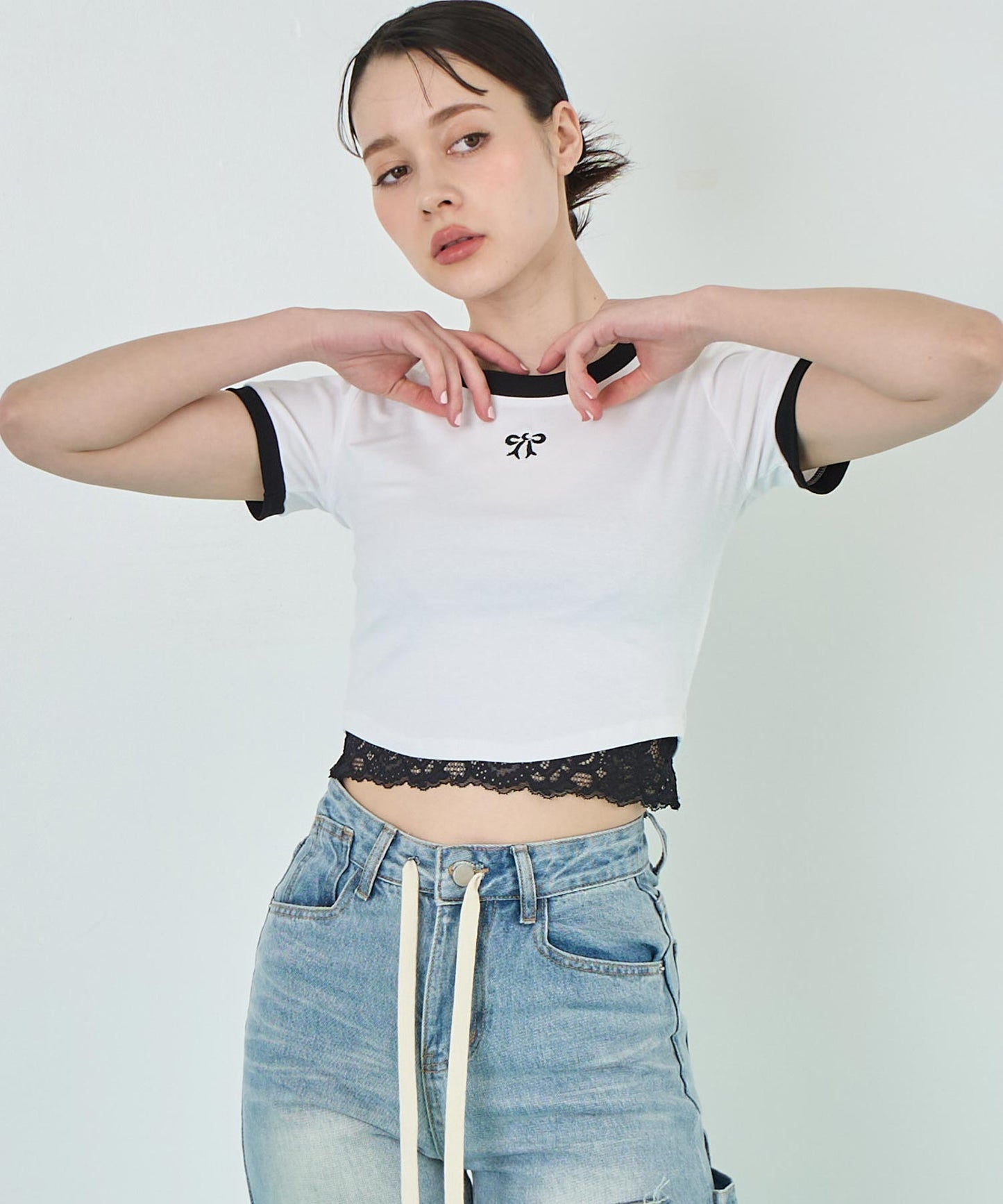 配色 リボン 刺繍 コンパクト リンガー Tシャツ 153-5756