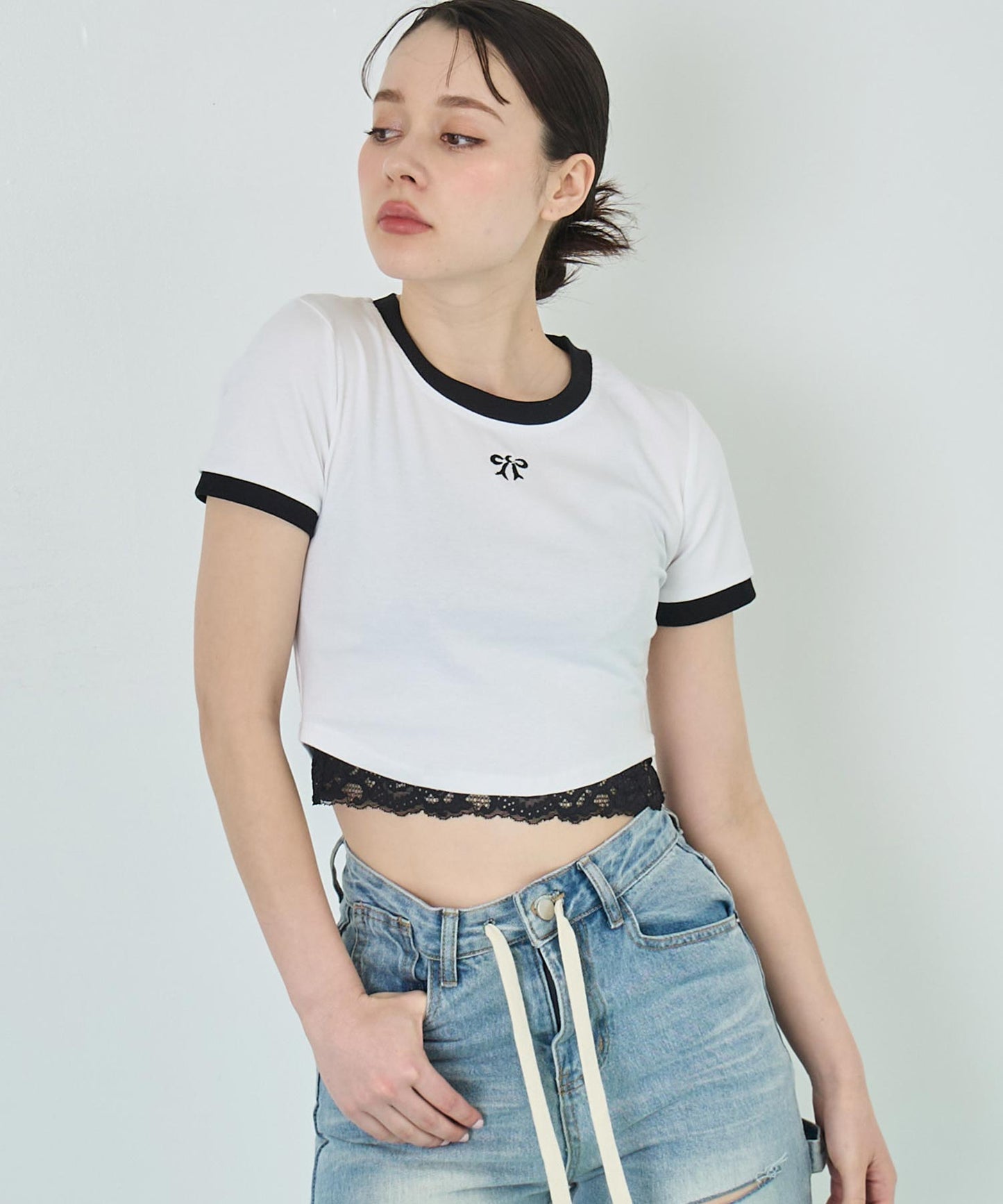 配色 リボン 刺繍 コンパクト リンガー Tシャツ 153-5756