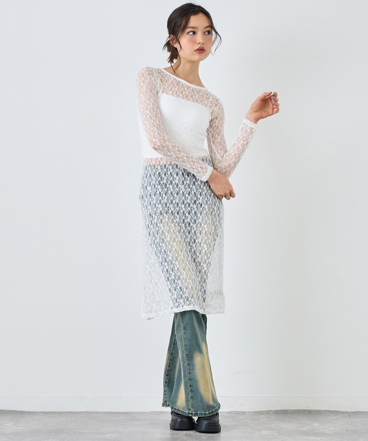 レース ロング ワンピース 長袖 157-5711