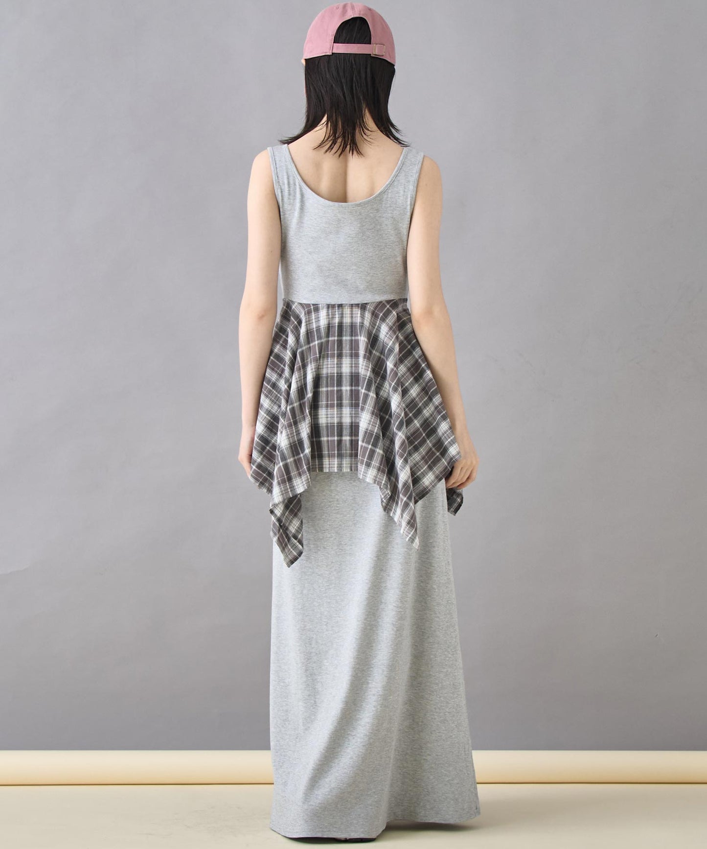 チェックシャツ付き ノースリーブ ロング ワンピース 157-5796