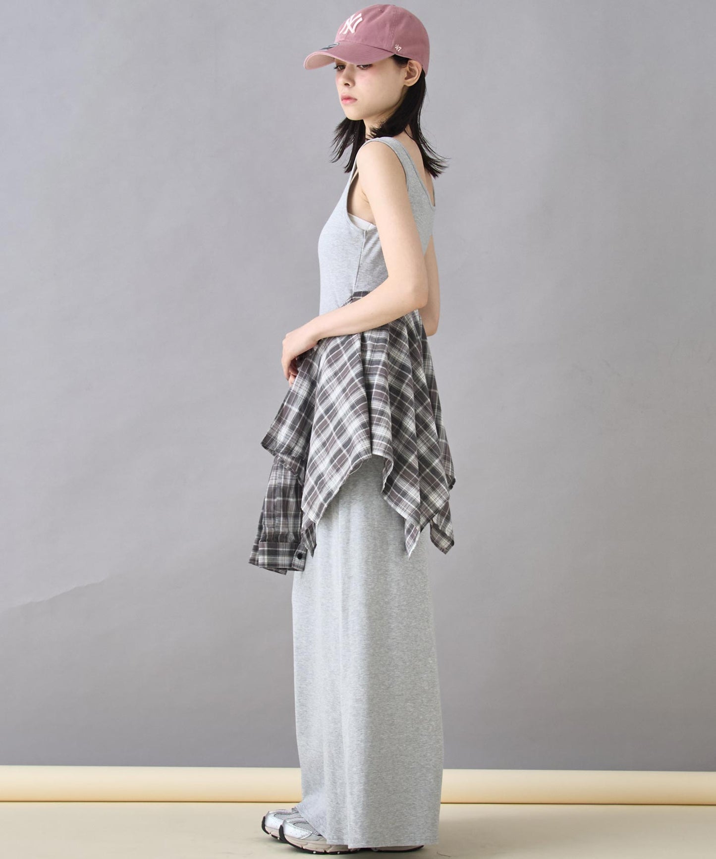チェックシャツ付き ノースリーブ ロング ワンピース 157-5796