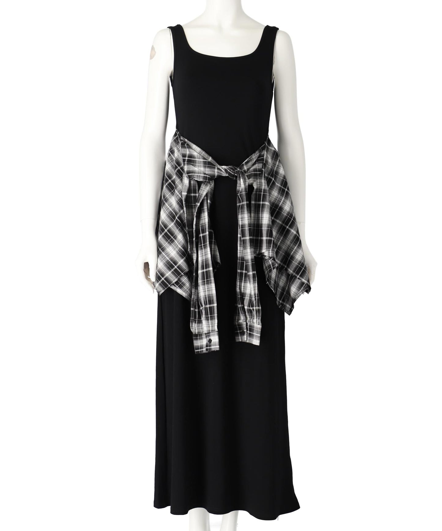 チェックシャツ付き ノースリーブ ロング ワンピース 157-5796