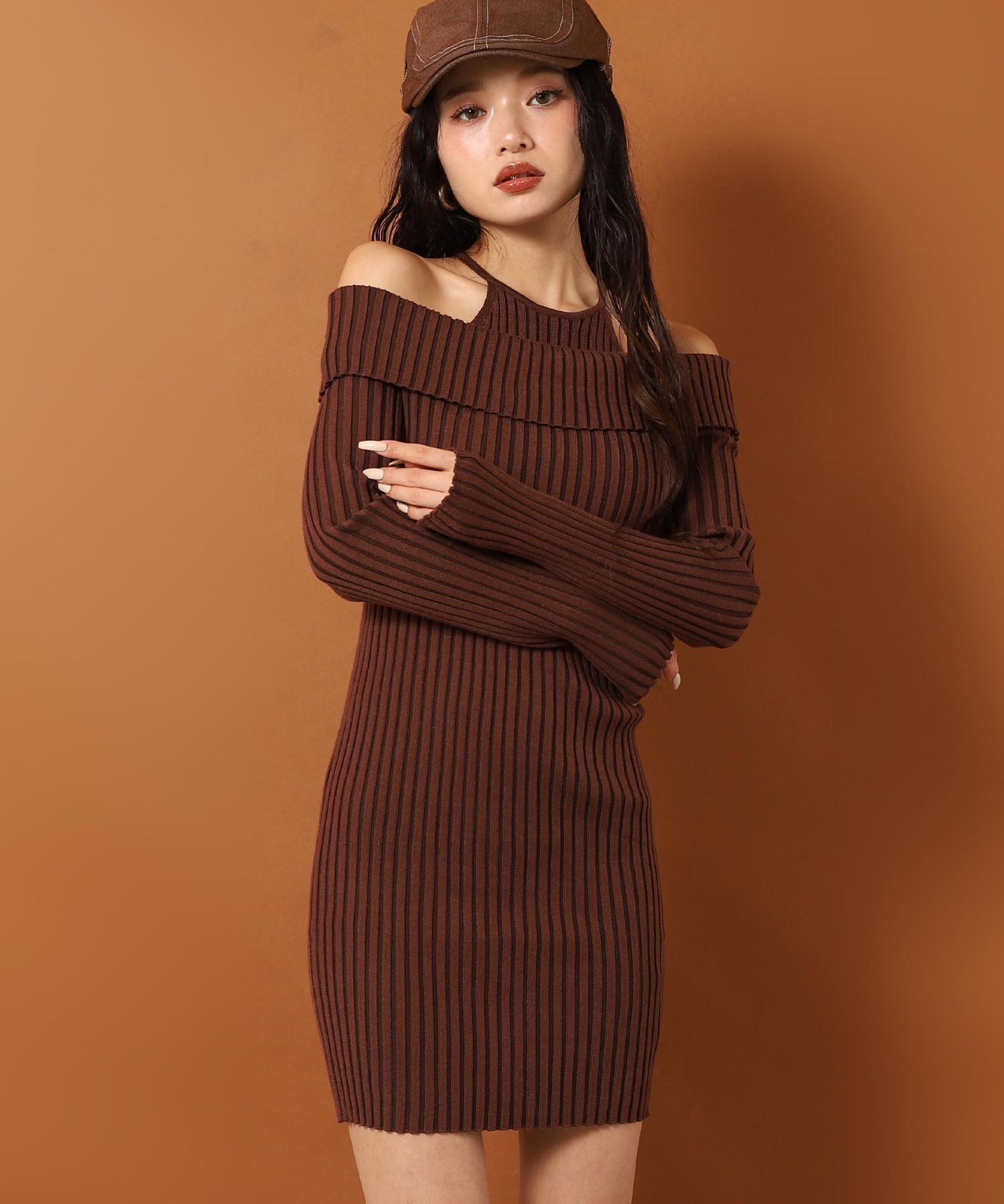 レイヤード見え オフショルダー リブ ニット ミニ ワンピース 157-5951