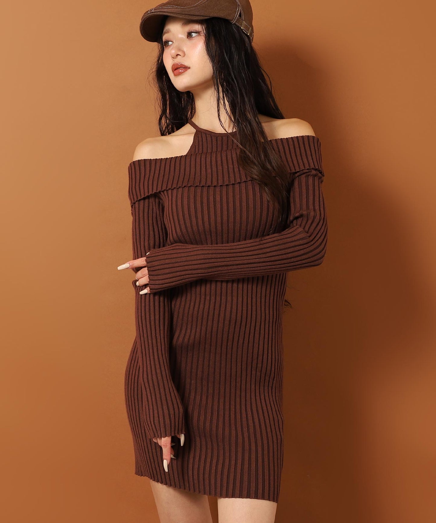 レイヤード見え オフショルダー リブ ニット ミニ ワンピース 157-5951