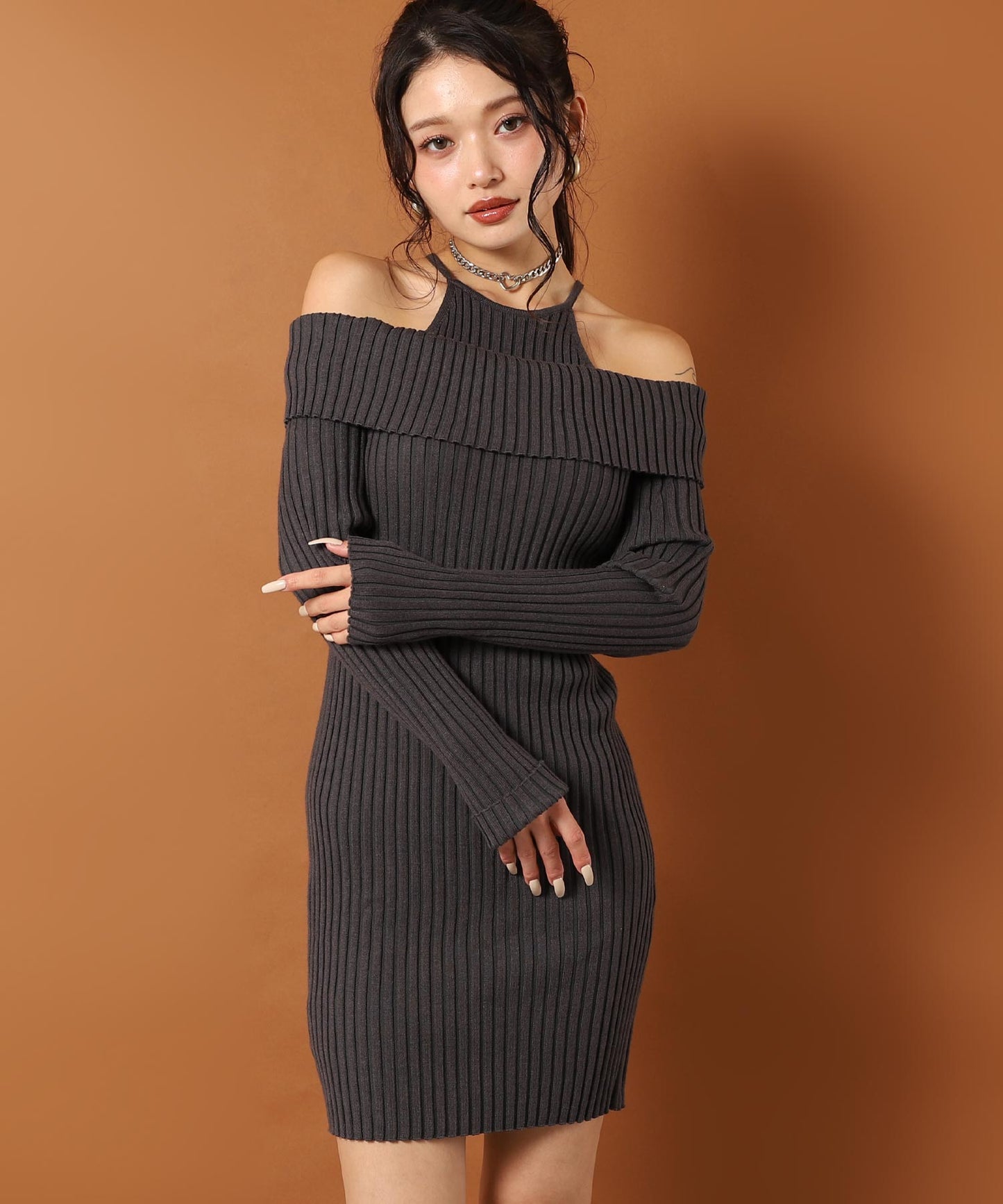 レイヤード見え オフショルダー リブ ニット ミニ ワンピース 157-5951