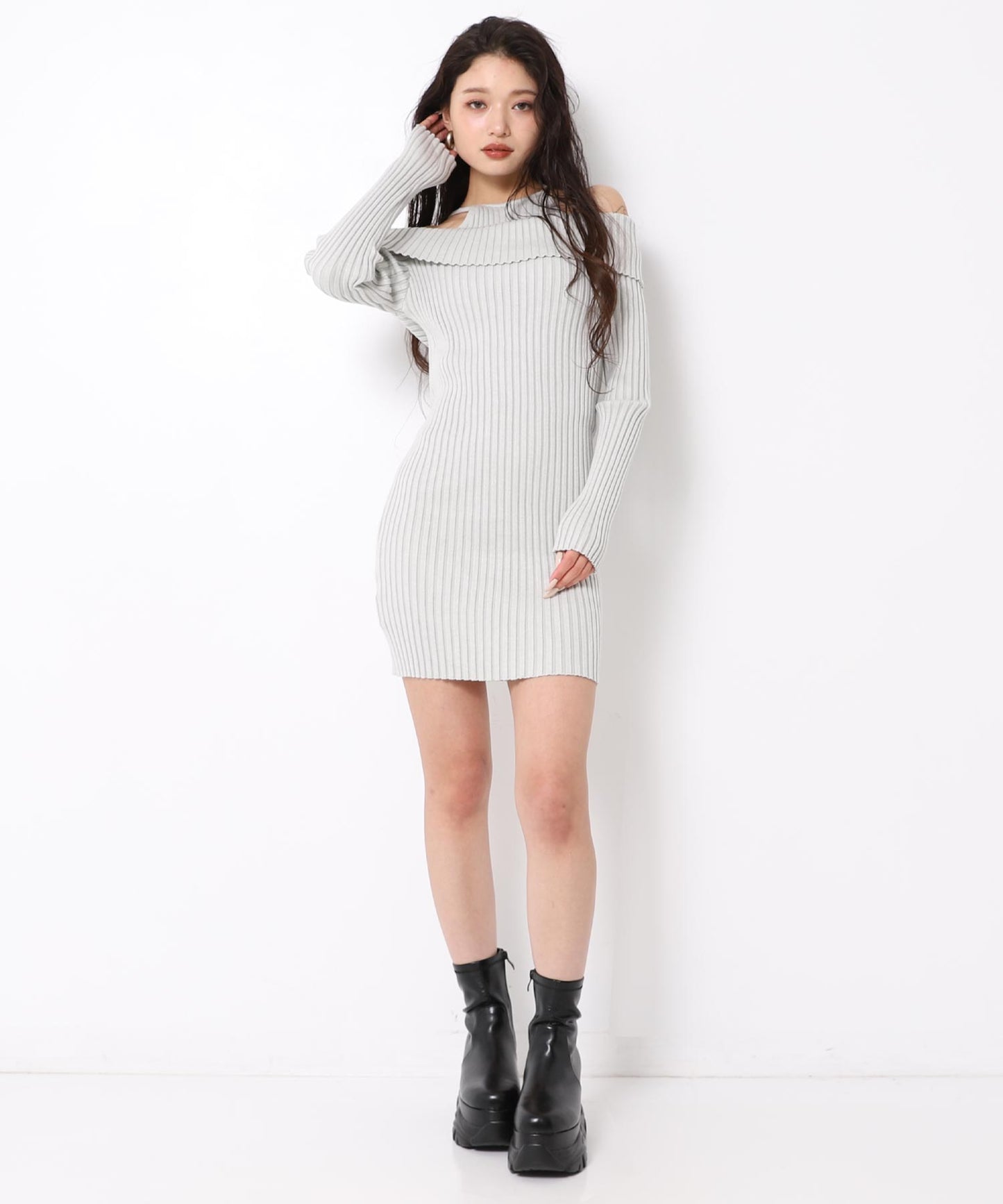 レイヤード見え オフショルダー リブ ニット ミニ ワンピース 157-5951