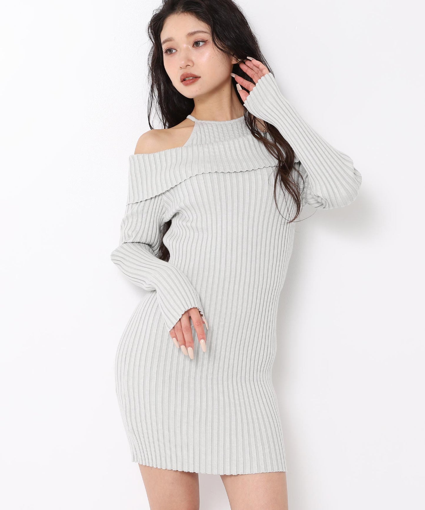 レイヤード見え オフショルダー リブ ニット ミニ ワンピース 157-5951
