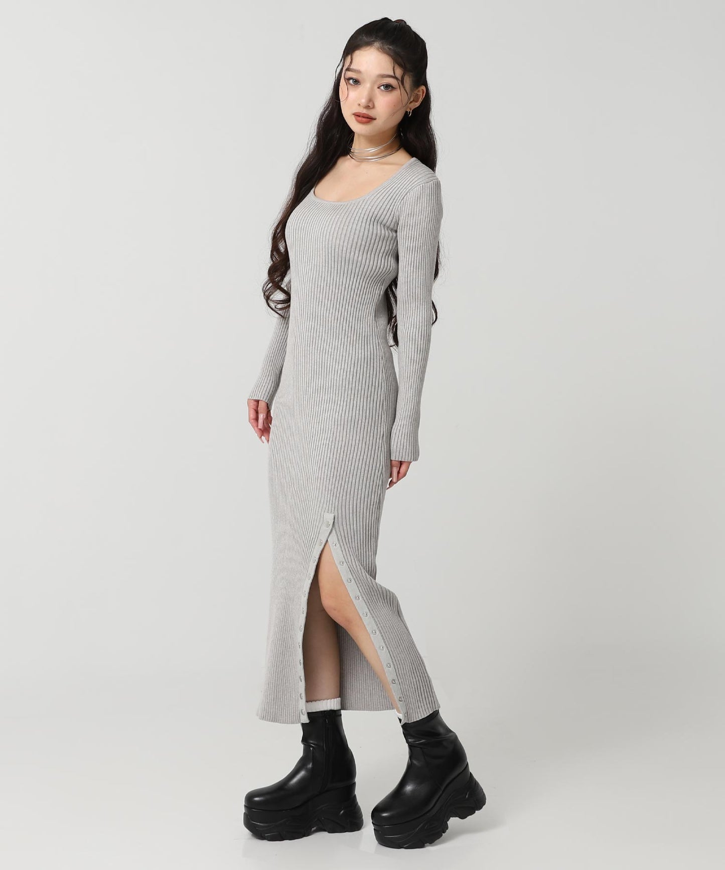 ドットボタン スリット リブ ニット ロング ワンピース 157-5952
