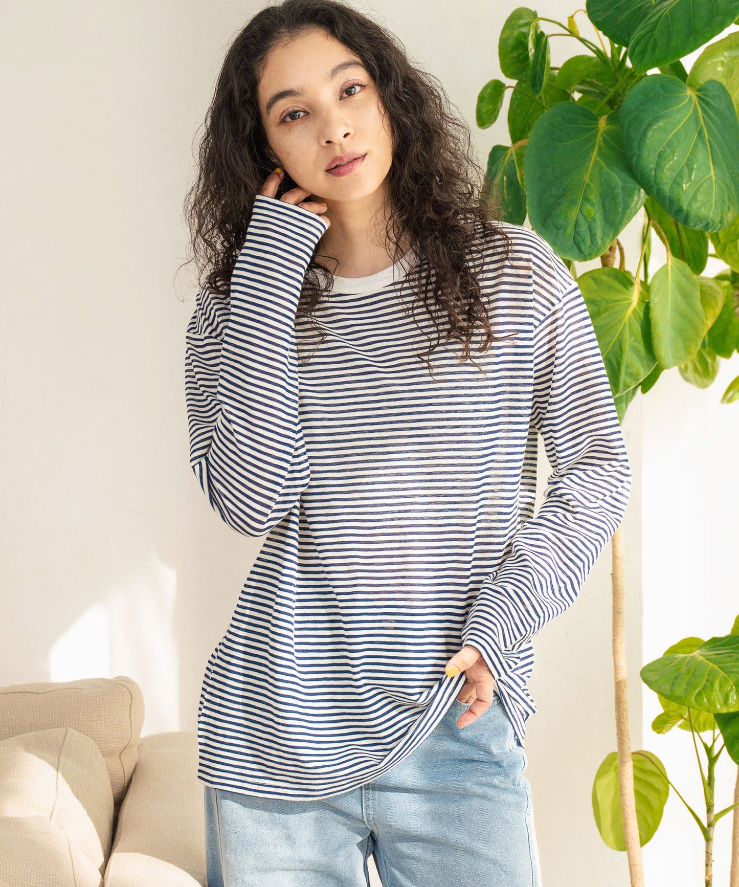 シアー カラー ボーダー ロングスリーブ カットソー 長袖 Tシャツ 853-5933