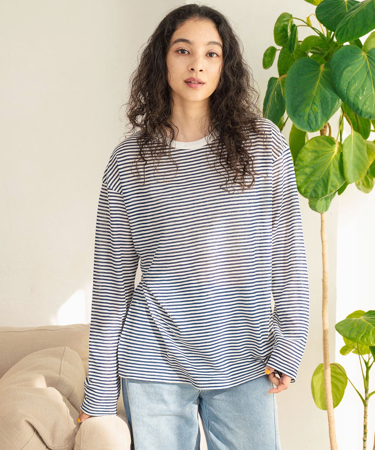 シアー カラー ボーダー ロングスリーブ カットソー 長袖 Tシャツ 853-5933