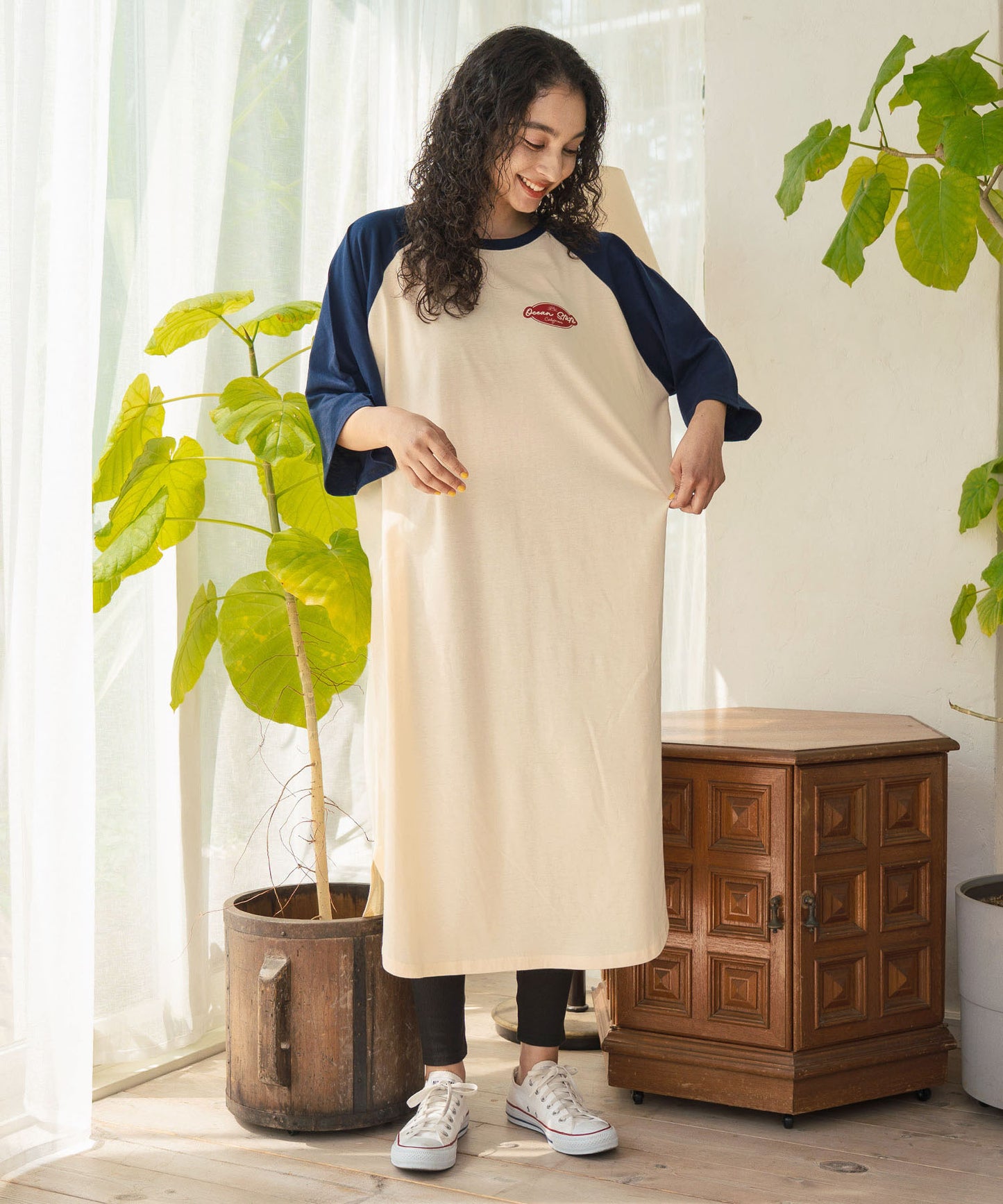 ラグラン サークル ロゴ ビッグ マキシ 5分袖 Tシャツワンピース 857-5952