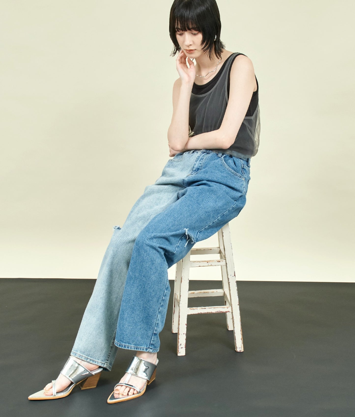 EimeeLaw バイカラー ウエストホック デニム パンツ 362-9708