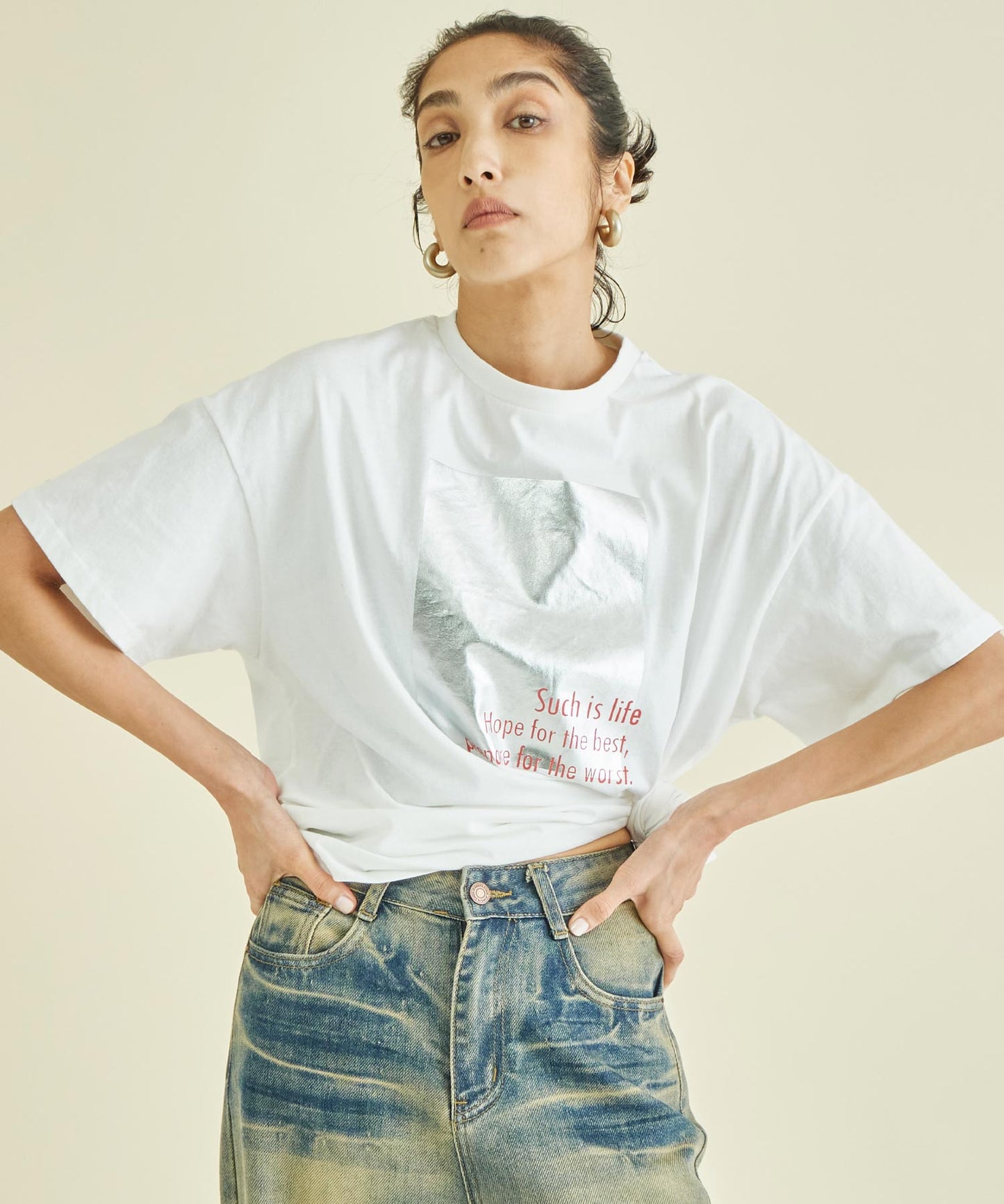 メタリック 箔 プリン ト × カラー ロゴ オーバーサイズ Tシャツ 363-9621