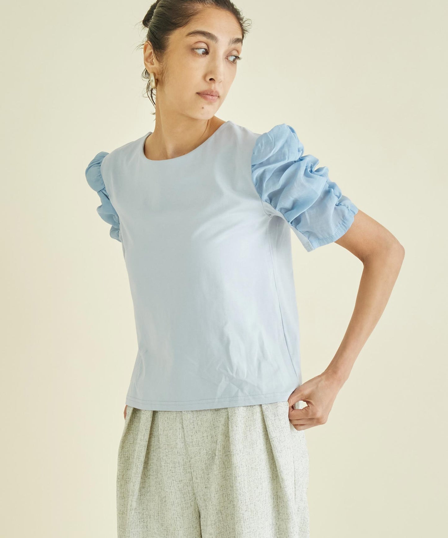 シアー ギャザースリーブ 切替 Tシャツ 363-9631