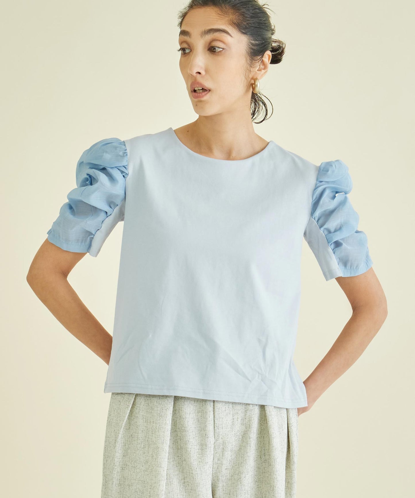 シアー ギャザースリーブ 切替 Tシャツ 363-9631