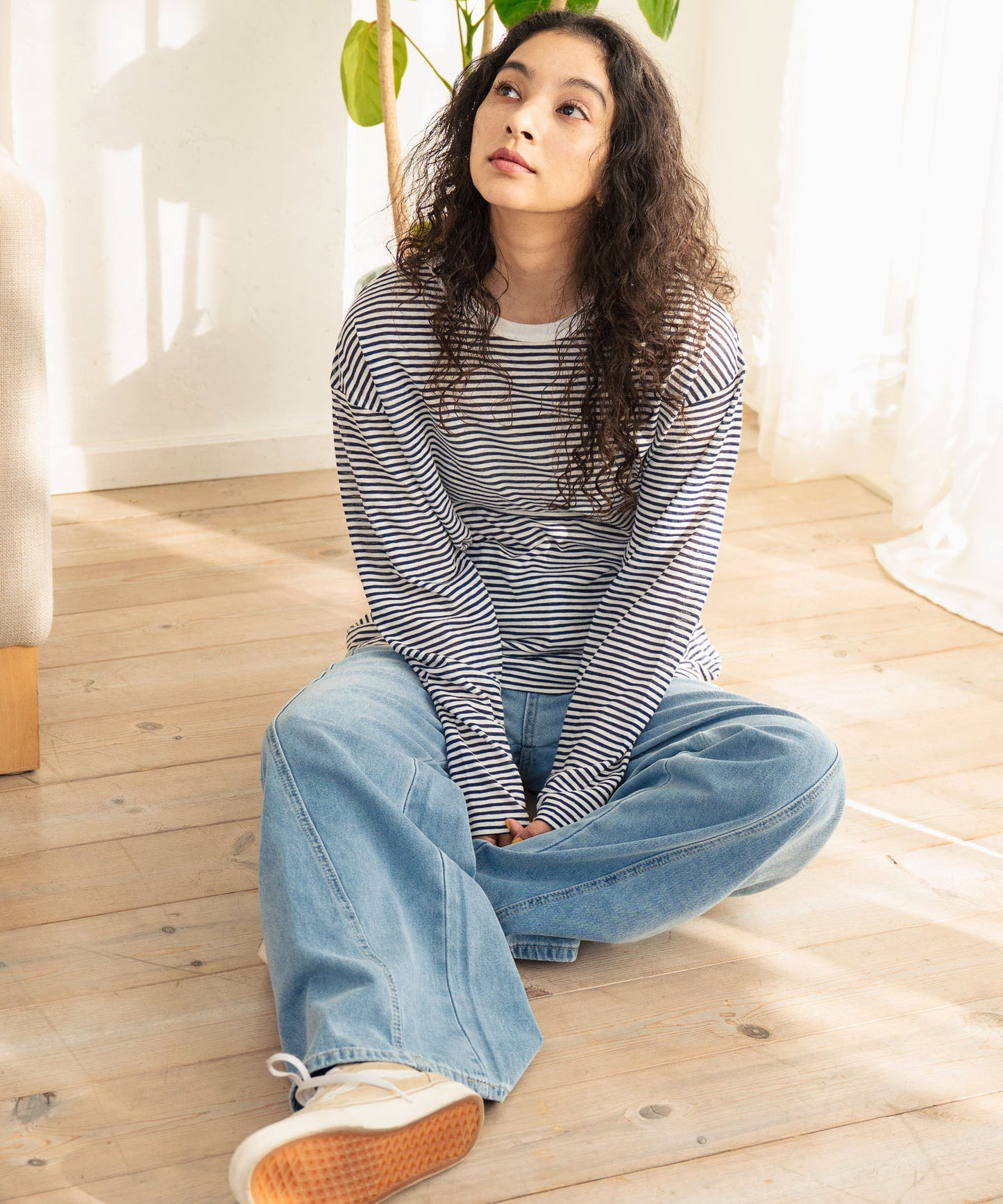 シアー カラー ボーダー ロングスリーブ カットソー 長袖 Tシャツ 853-5933