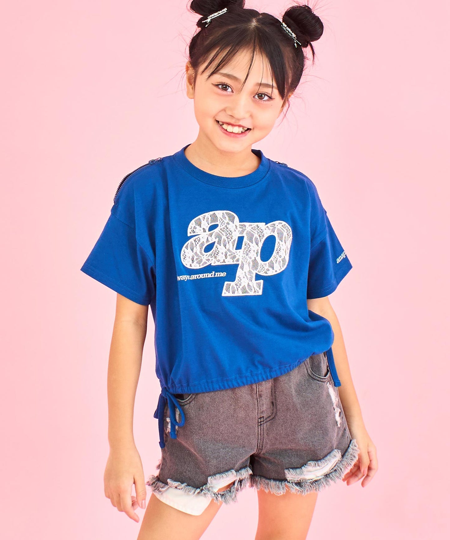 レース ワッペン付き サイド リボン Tシャツ トップス【ジュニアお揃い】 423-3402