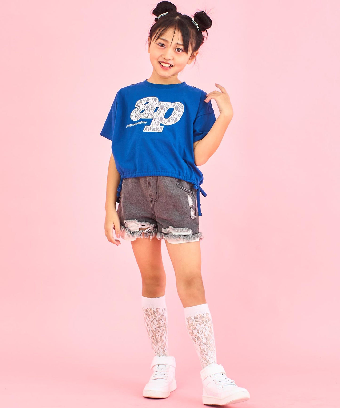 レース ワッペン付き サイド リボン Tシャツ トップス【ジュニアお揃い】 423-3402